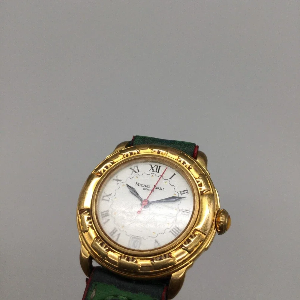 Michel Jordi 1991 Womens Watch 33mm Gold Tone Green Floral Strap New Battery
